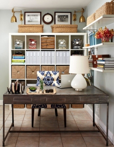 Storage selves that can hold baskets or books for great function.