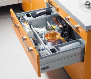 Multi-use drawers for kitchen items.